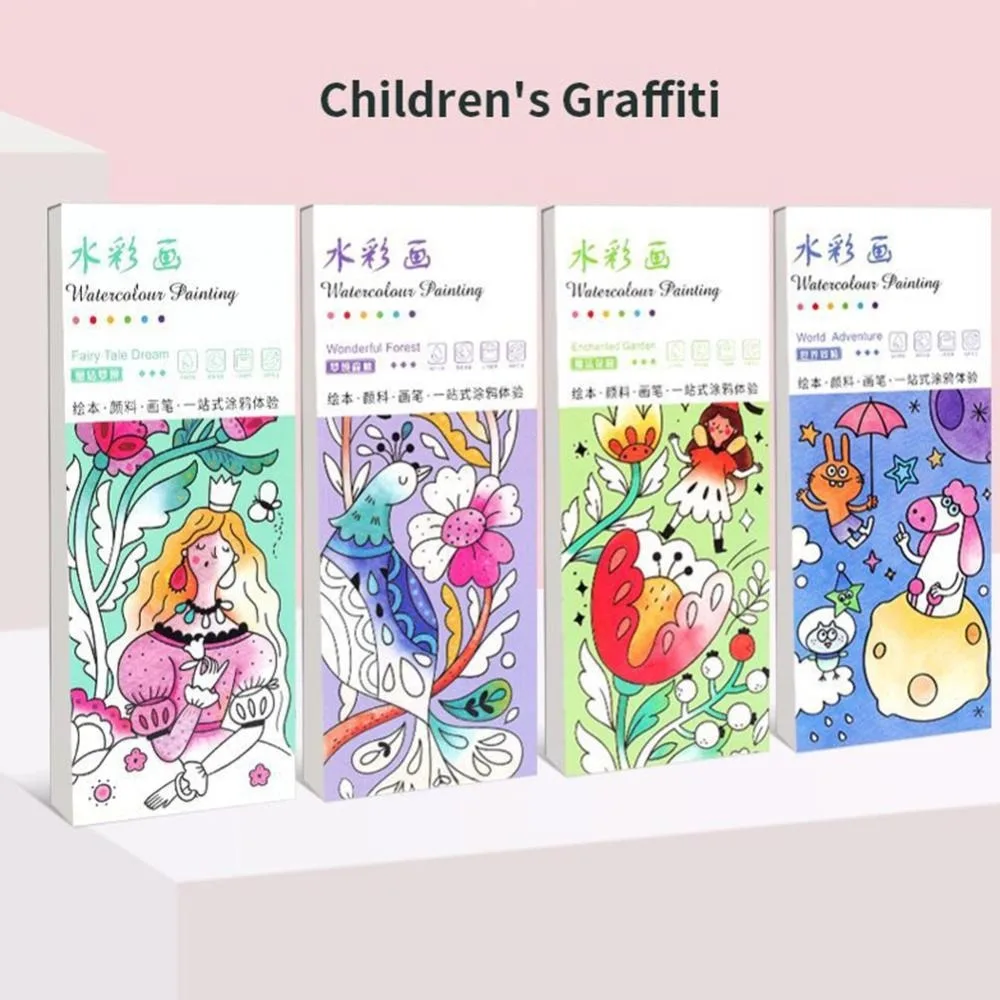 12 Sheets/set Watercolor Painting Book With Paint Brush Gouache Book Portable Kids Graffiti Picture Drawing Stationery