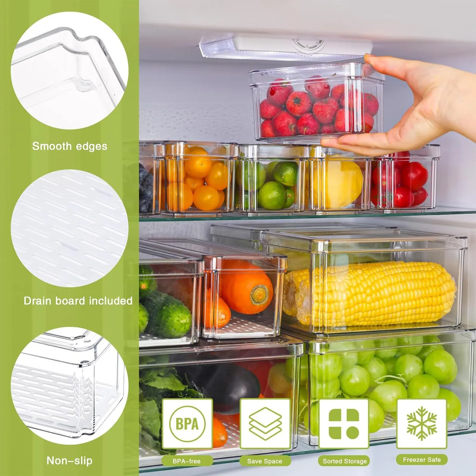 New Refrigerator Organizer Bin Stackable Fridge Food Storage Box With Handle Clear Plastic Pantry Food Freezer Organizer Tool