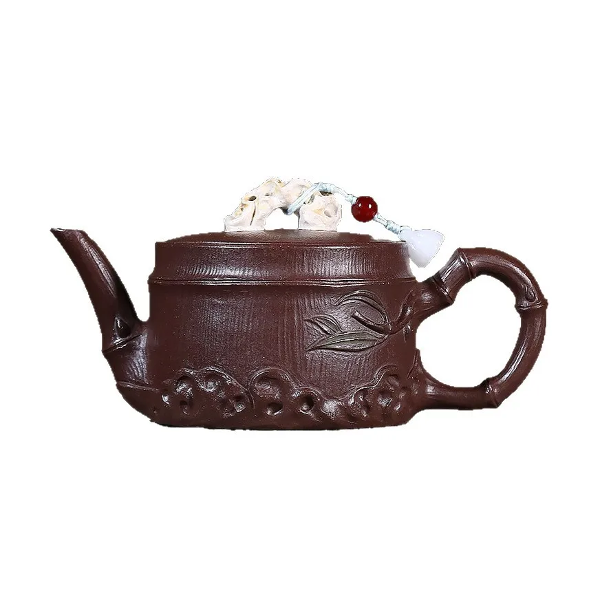 Handmade Yixing Purple Clay Pot Famous Taihu Bamboo Stone Ore Deep Well Card Cover Teapot Inner Pile Ball Hole 240C