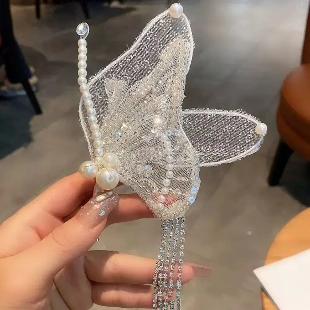 Sweet Tassel Butterfly Hair Clips Beaded Mesh Pearl Barrettes Fairy Korean Style Duckbill Clips Wedding