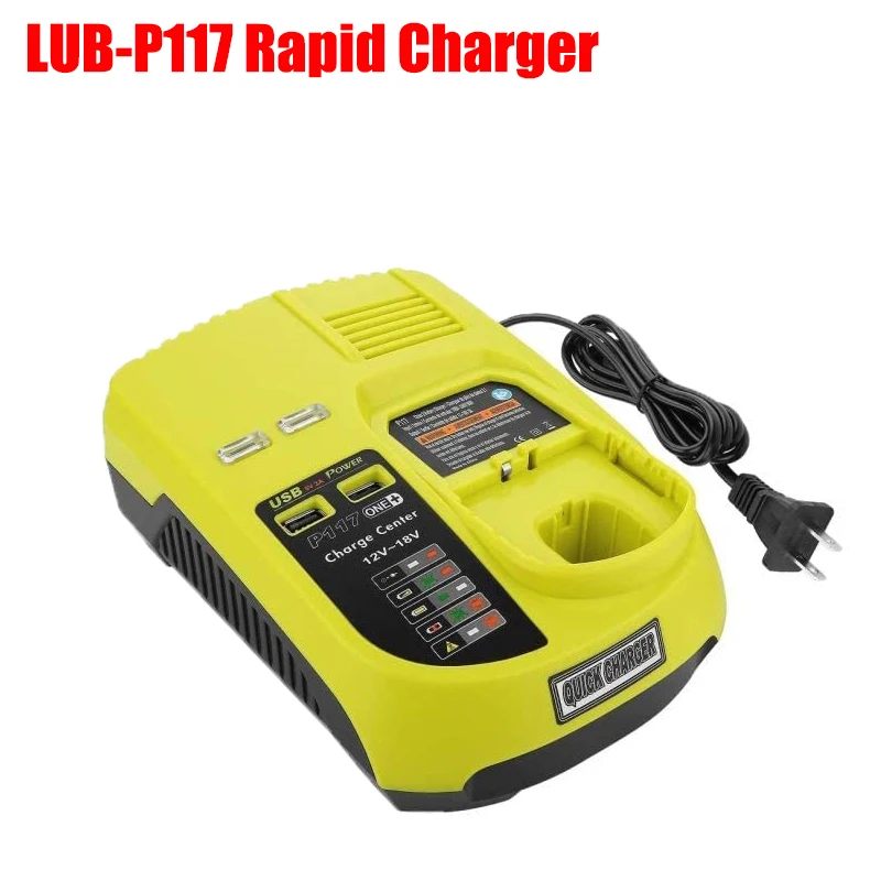 

P117 Lithium Battery Charger Rechargeable Battery Rapid Charger Dual USB Ports Compatible for RYOBI 18V NiMH/Li-ion Batteries
