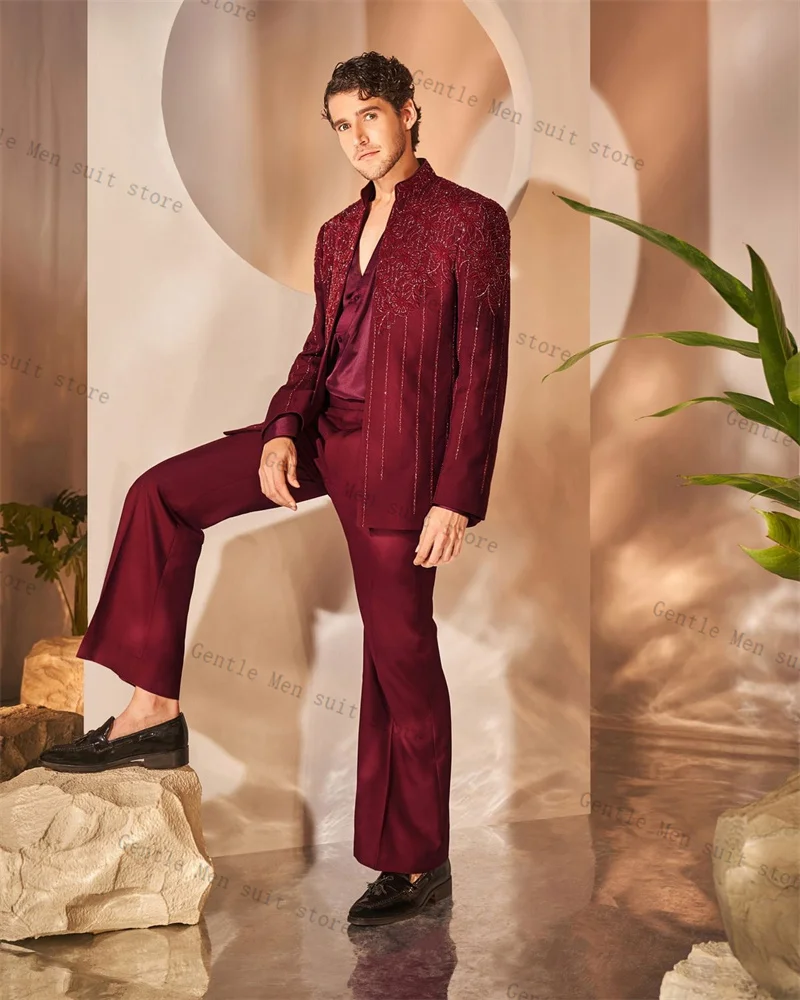 

Burgundy Luxury Crystals Men Suit Set 2 Pcs Blazer+Pants Trousers Wedding Tuxedo Formal Office Jacket Cotton Coat Customized