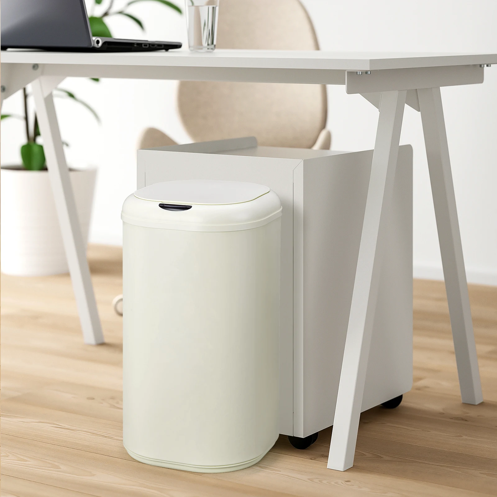 Touchless Motion Detector Trash Can 8 Gallon – Stainless Steel Cylindrical Bin – Soft-Close Lid – Fingerprint Resistant – Automatic Smart Waste Container for Kitchen, Bathroom, Office – Cream White