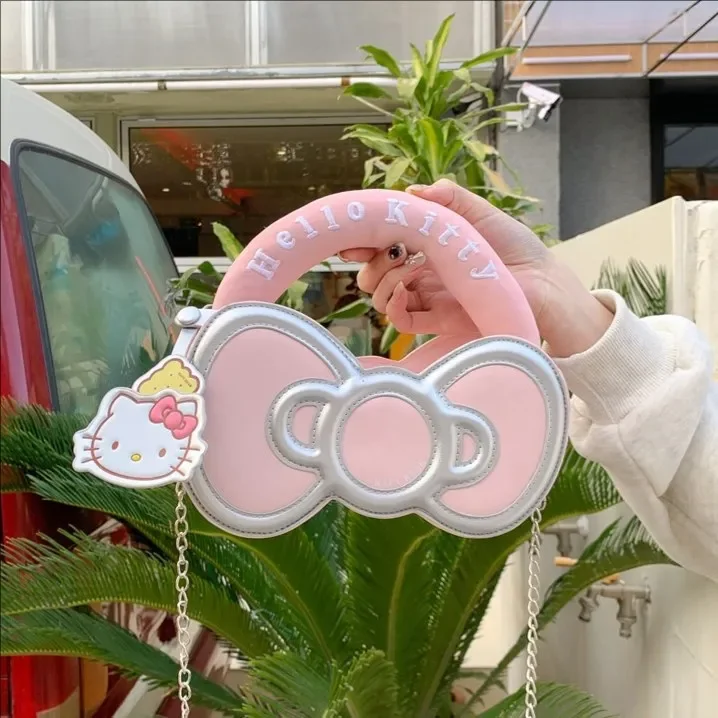 Sanrio Cartoon Hello Kitty Pendant Chain Bag, Girly Bowknot Shaped PU Leather Small Messenger Bag