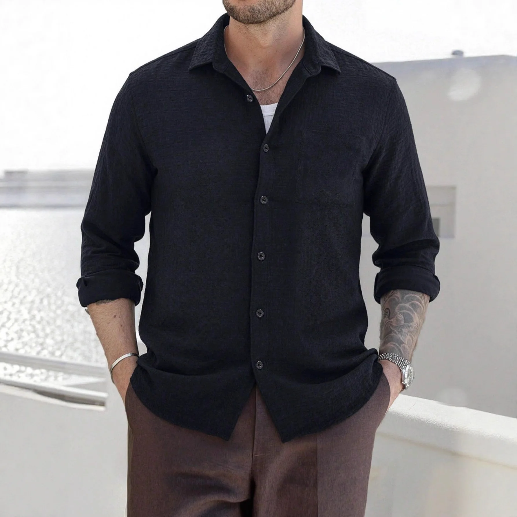 

2026 Summer Men's Ultra-Thin Shirt Korean Style Business-Specific Slim-Fitting Casual Shirt Black Versatile Top for Any Occasion