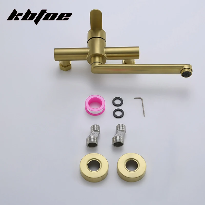 ゴールド壁掛けキッチン蛇口回転式温冷水シンクミキサータップ延長スパウトバルコニーガーデンクレーンステンレス鋼