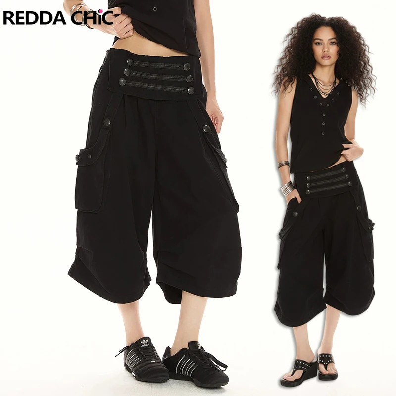 REDDACHiC Alt Shorts Bermuda negros, pantalones cortos elásticos de cintura baja, pantalones cortos tipo cargo con pliegues, pantalones cortos tipo cargo vintage, ropa de verano para mujer