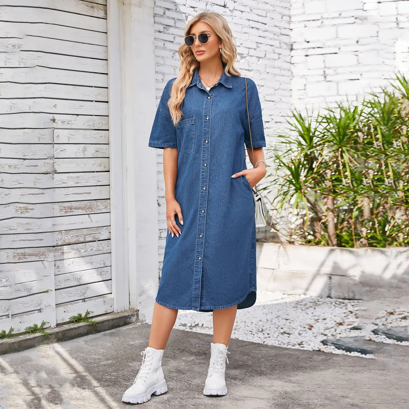 Women's new spring style washed loose denim short-sleeved long skirt