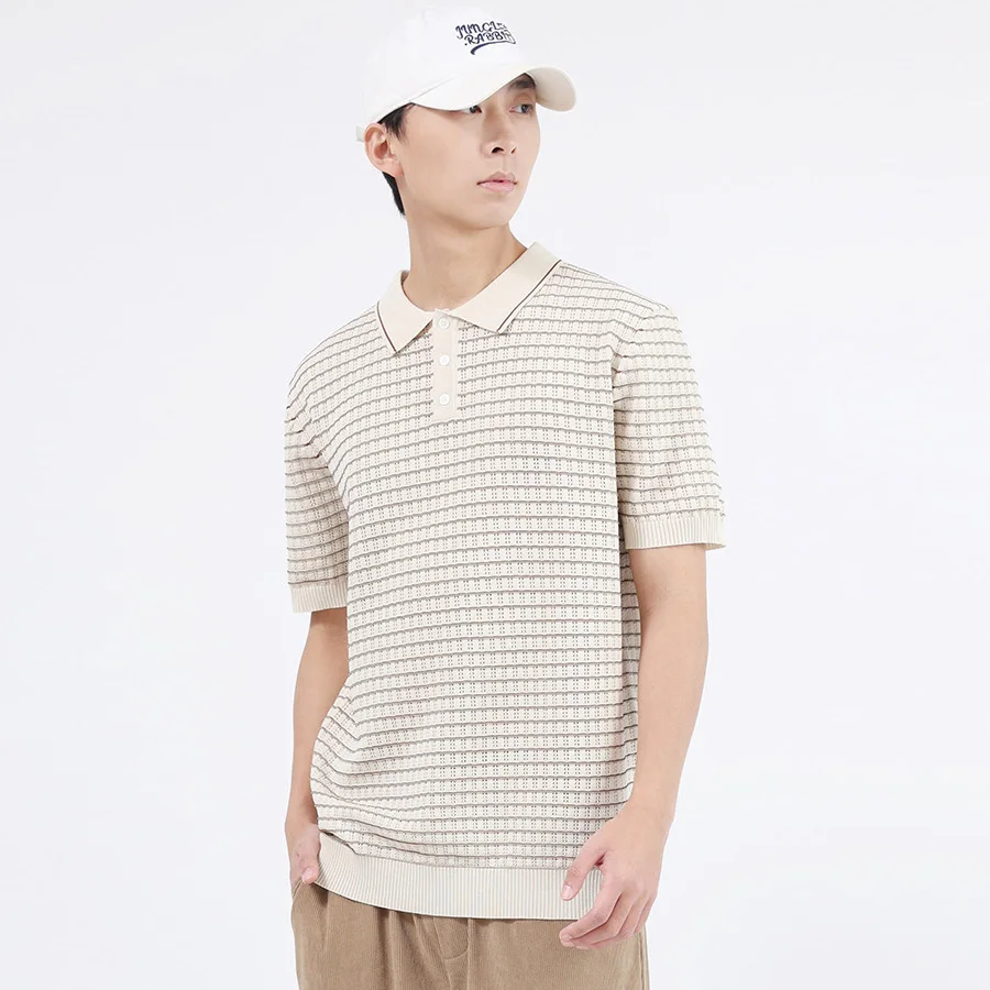 

Summer Ice Silk Short Sleeve Polo Shirt Men Business Casual Vintage Fashion Stripe Knitted Sweater T-shirt Man T Shirts