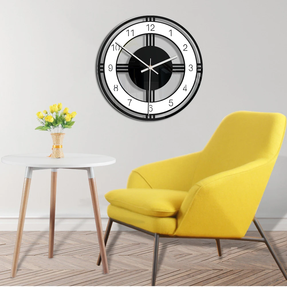 

Round Wall Home Decor Silent Hanging Clock Black White Acrylic Material Kids Room Living Bedroom Kitchen Office Dining Stylish