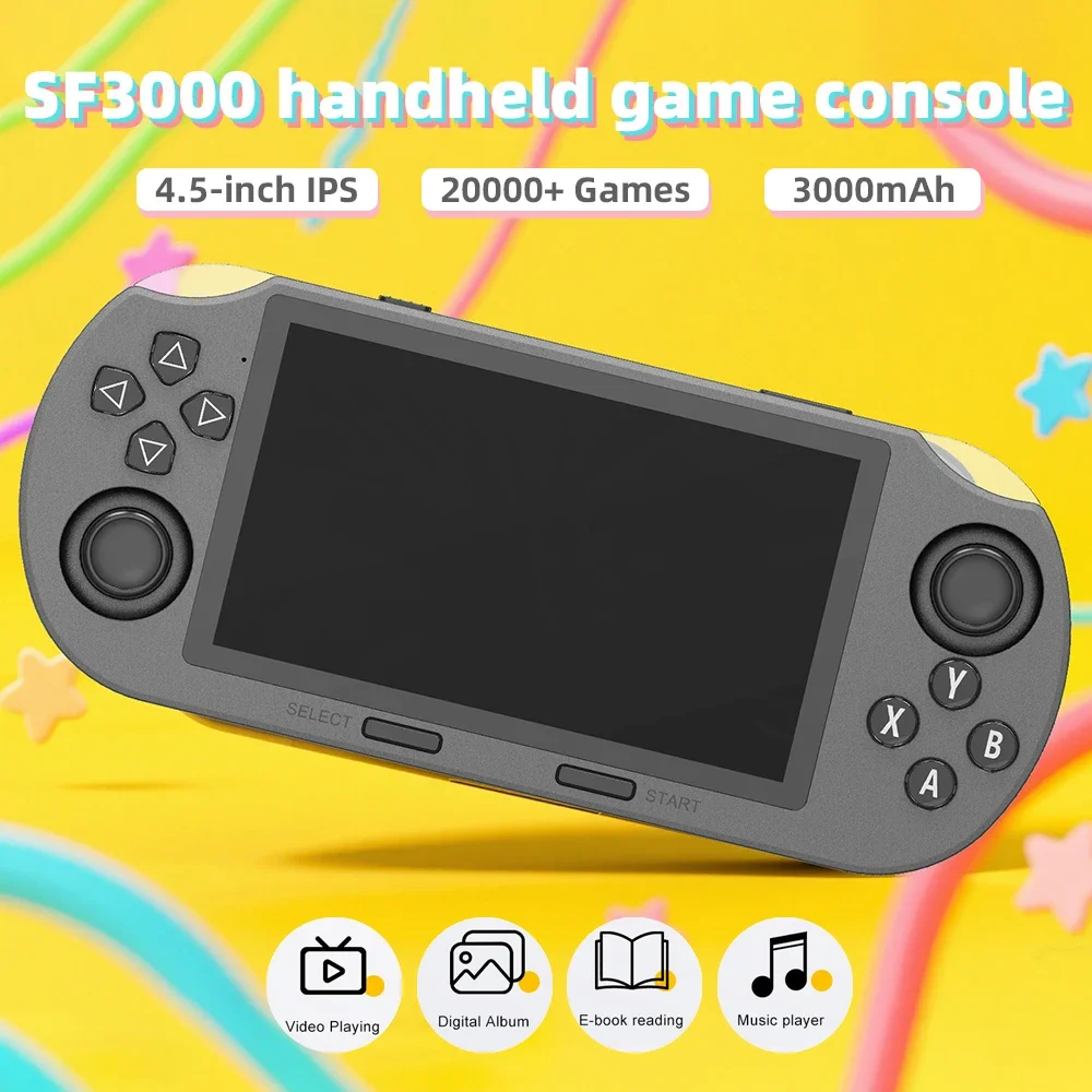 

SF3000 Mini Portable Handheld Game Player Retro Video Game Console 4.5 Inch IPS Screen Built-in 20000+ Games for PS1/GBA/SFC