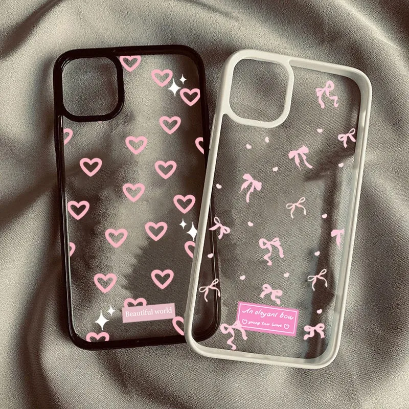 Love Heart Pink Bowknot Clear Phone Case For iPhone 16 15 14 13 12 11 Pro Max Mini XR X XS 7 8 Plus SE2 Shockproof Cover