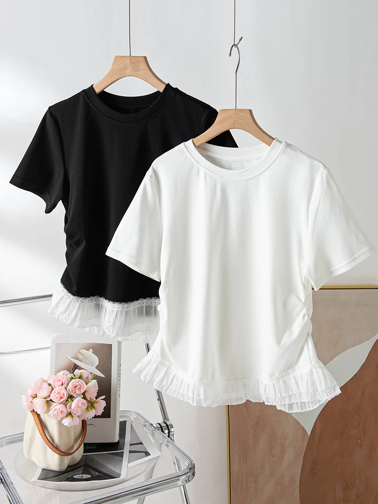 

New Lace Splicing Round Neck Short Sleeve Cotton T-shirt Pinch Fold Waist Top C25832