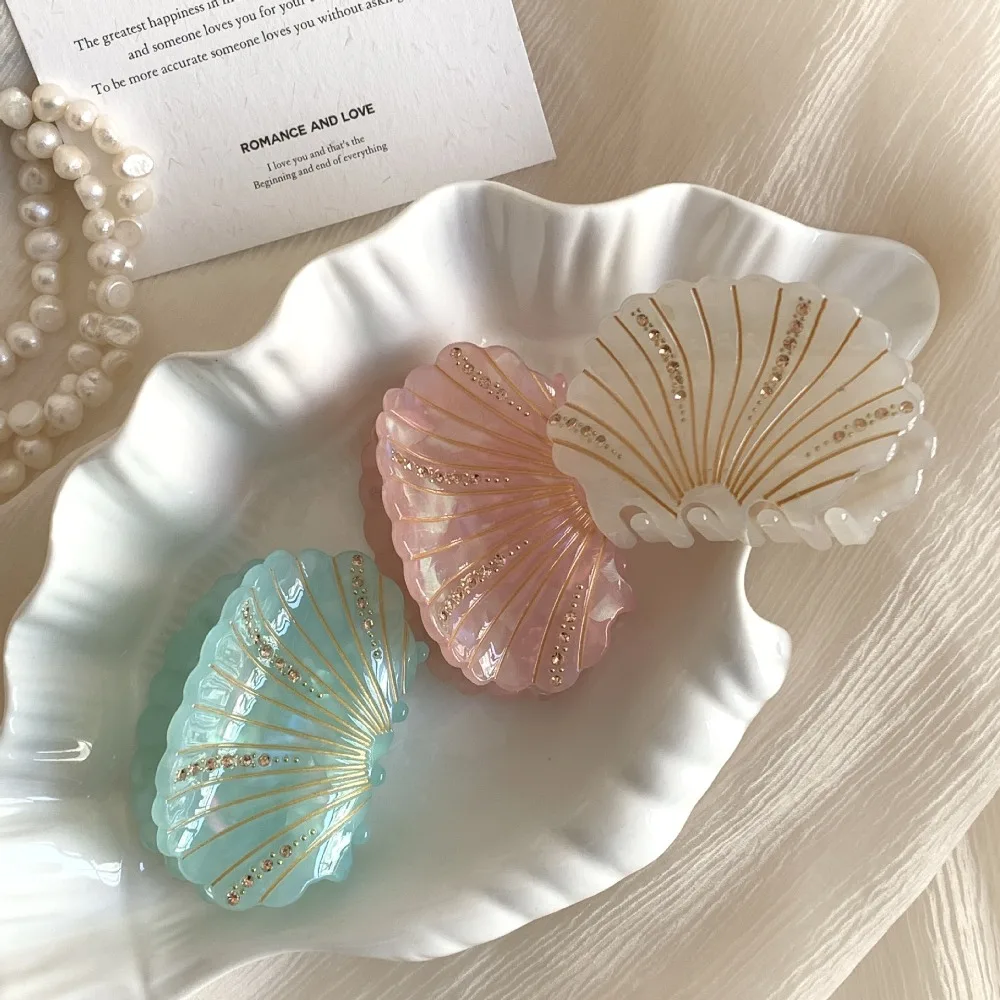 

Vintage Acetic Acid Acetate Shell Hair Claw Jewelry Acrylic Shell Shark Clip Shiny French Rhinestone Crab Clip Girl