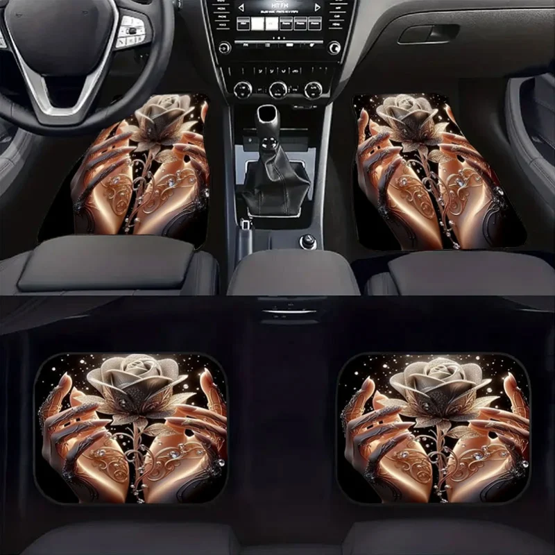 4pcs Luxury Rose Crystal Velvet Car Floor Mats Set - Anti-Slip, Full Coverage Front & Rear Seats With Elegant Brown/Beige Rose P