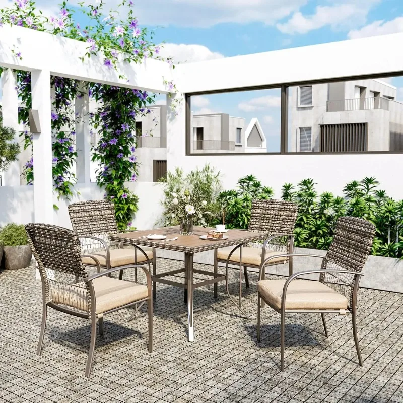 Outdoor 5-Piece Patio Dining Set, Weather Resistant PE Rattan Table and Chairs, Comfortable Cushions