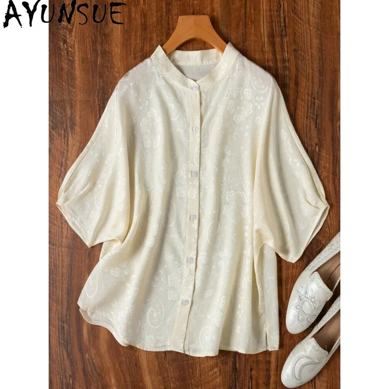 

AYUNSUE 100% шелковые женские блузки и рубашки, элегантные летние топы для женщин, свободные блузки с коротким рукавом, женская одежда