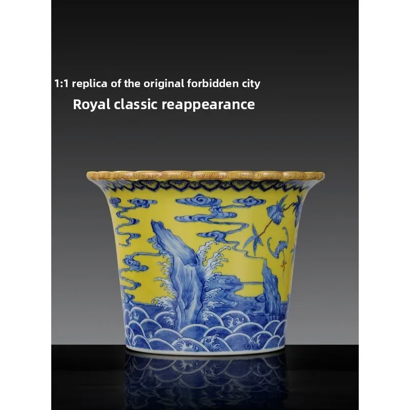 Ceramic yellow ground blue and white ornaments, Chinese handmade antique living room collection decoration