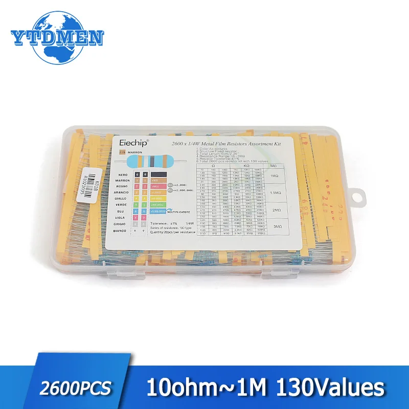 2600pcs/lot 130 Values Metal Film Resistors Assorted Pack 1/4W 0.25W 1% 10ohm~1M Resistor Assortment Kit Fixed resistor box