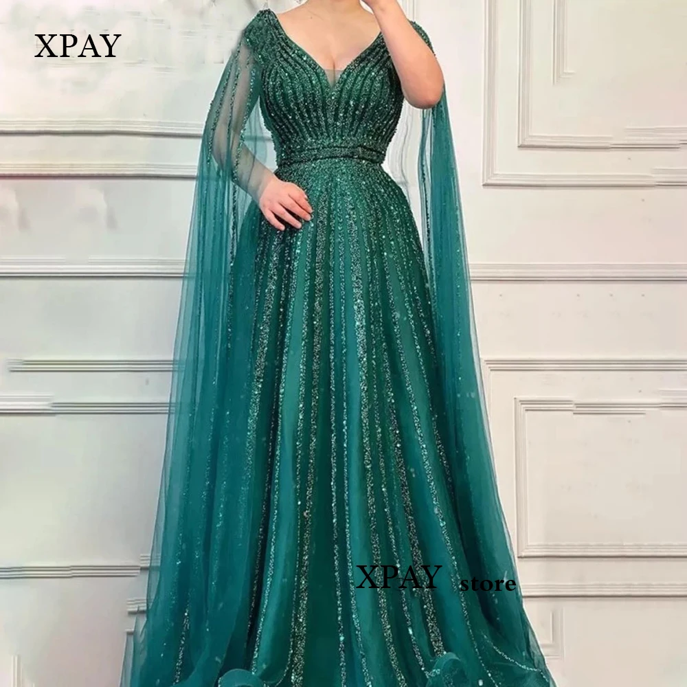 

XPAY Glitter Luxury Dubai Arabic Women Evening Dresses Long Cape Sleeves V Neck Sparkly Prom Gowns Plus Size Formal Occasion