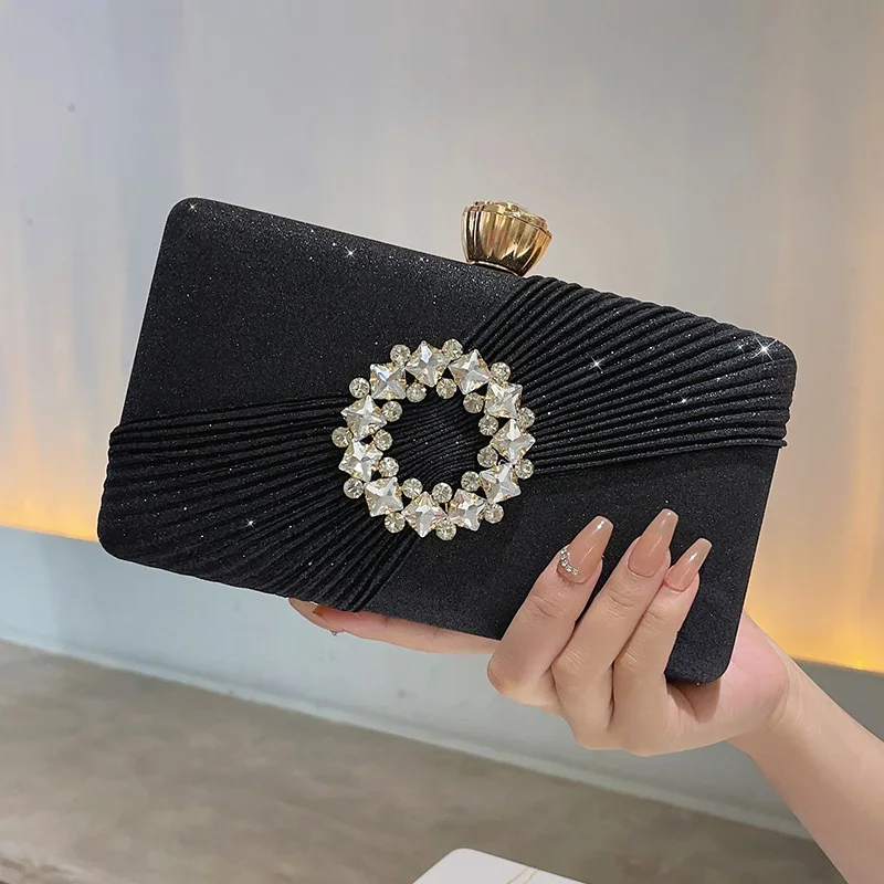 

2025 New Ladies Luxury Evening Bags Retro Fashion Black Gold Diamond Flower Small Clutches For Women Prom Party Shoulder Bags