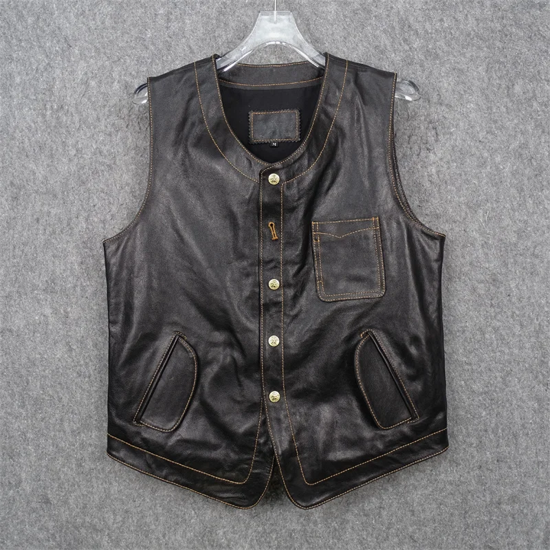 

Vegetable Tanned Tire Cowhide Vest Unicorn Button Tenjin Vintage Tooling Leather Leather Jacket Men's Vest