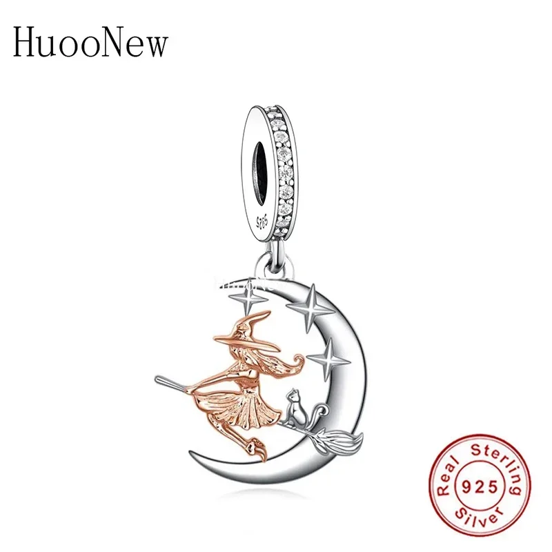 

Fit Original Pan Charms Bracelet 925 Sterling Silver Star Moon Black Cat Broom Witch Bead For Making Halloween Berloque 2022 DIY