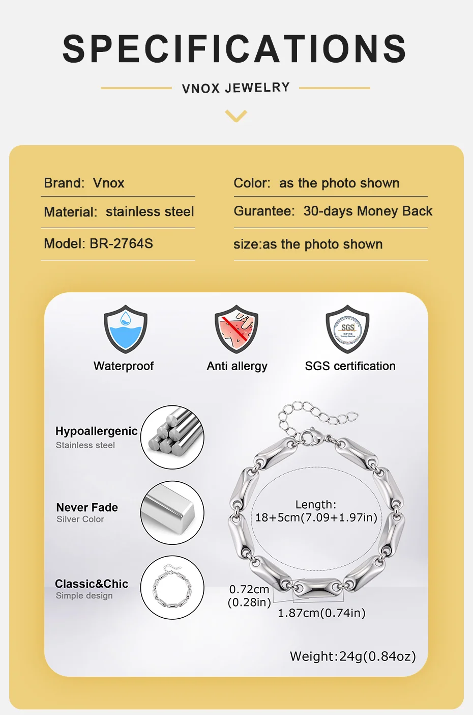 Vnox Silberfarbene Gliederarmbänder für Herren, Edelstahl, verstellbar, 18–23 cm Länge, modisches Hip-Hop-Armband für Männer und Jungen, Geschenk für Papa – Detail 4