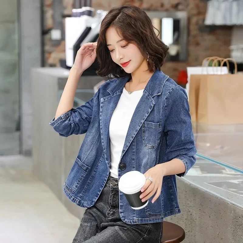 Korean Womens Denim Suit Jacket  Spring Autumn New Pocket Jeans Outwear Female Slim One Button Long Sleeve Denim Blazers Coat