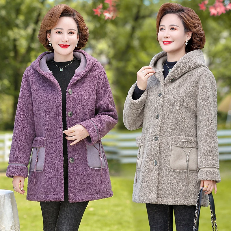 Parkas Middle Aged Women Hooded Clothing Winter Teddy velvet Warm Jacket Women\'s Long Overcoat Outerwear Mother Coat