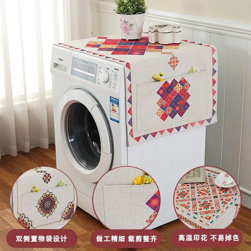 Cross-Border Ethnic Style Linen Washing Machine Cover Towel Refrigerator Cover Microwave Towel Multi-Purpose Cover One Piece Dro