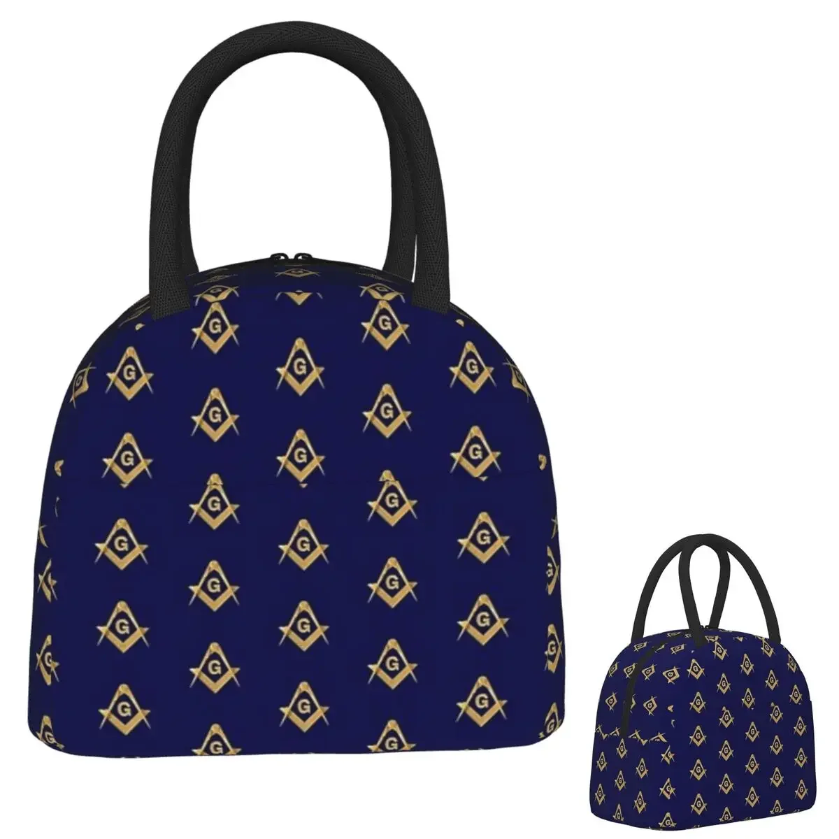 Freemason Pattern Gold Blue Square And Compass Masonic Insulated Lunch Bag for Women ChildrenThermal Lunch Box Tote