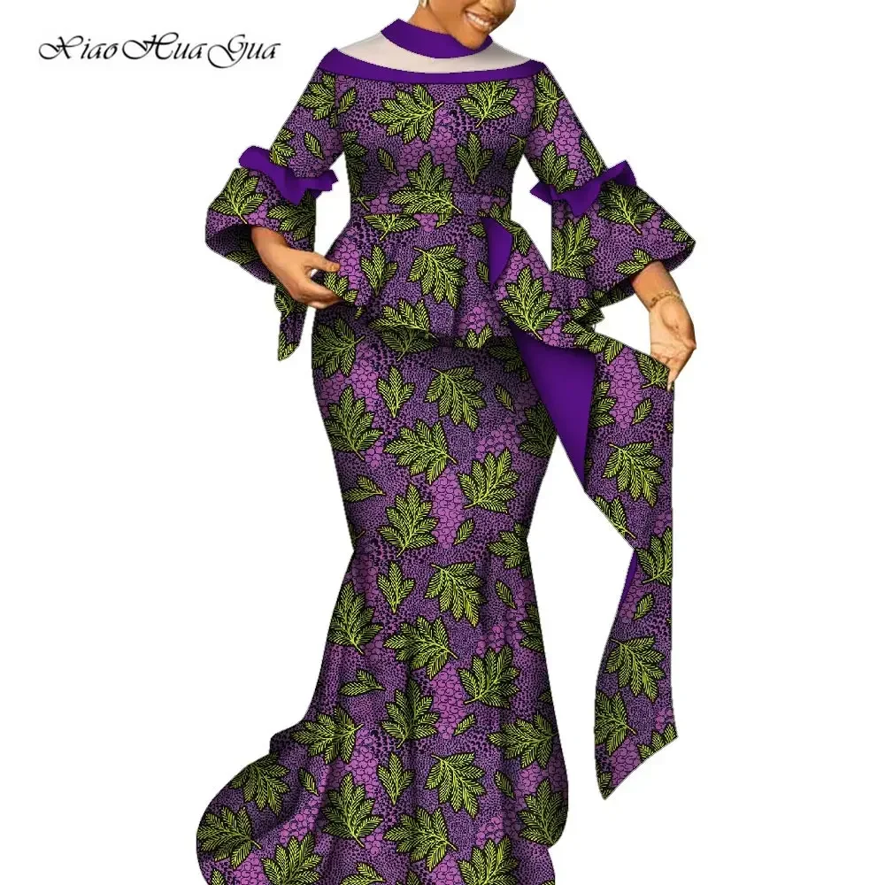 Ensemble africain deux pièces pour femmes, tenue traditionnelle Ankara Dashiki, haut à manches évasées et jupe longue, vêtements de fête WY9603