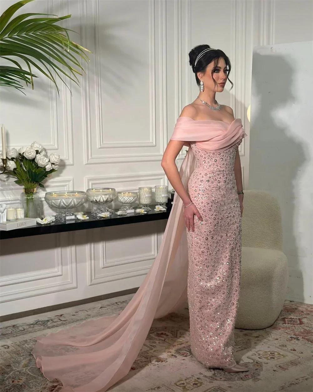 Customized Prom Gown Formal Evening Dress Asymmetrical Column Floor Length Open Back Skirts Sequin Tulle Stole Bead Bespoke Occa