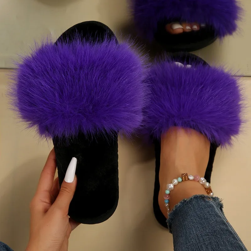 Winter 2023 Women\'s Fashion Fur Slippers Fluffy and Cute Plush Women\'s Luxury Outdoor Anti Slip Durable Flat Bottom Slippers