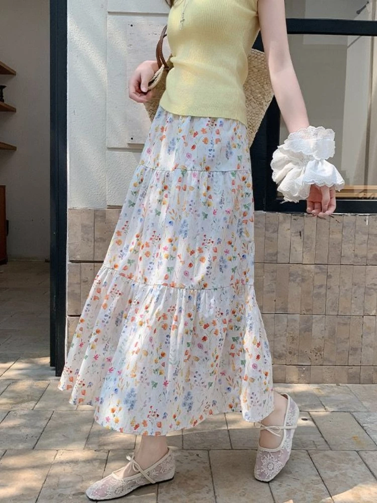 Midi Skirts Women New Summer Sweet Holiday Fashion Girlish Lovely Print Mujer Faldas Casual Korean Style All-match Party Ulzzang