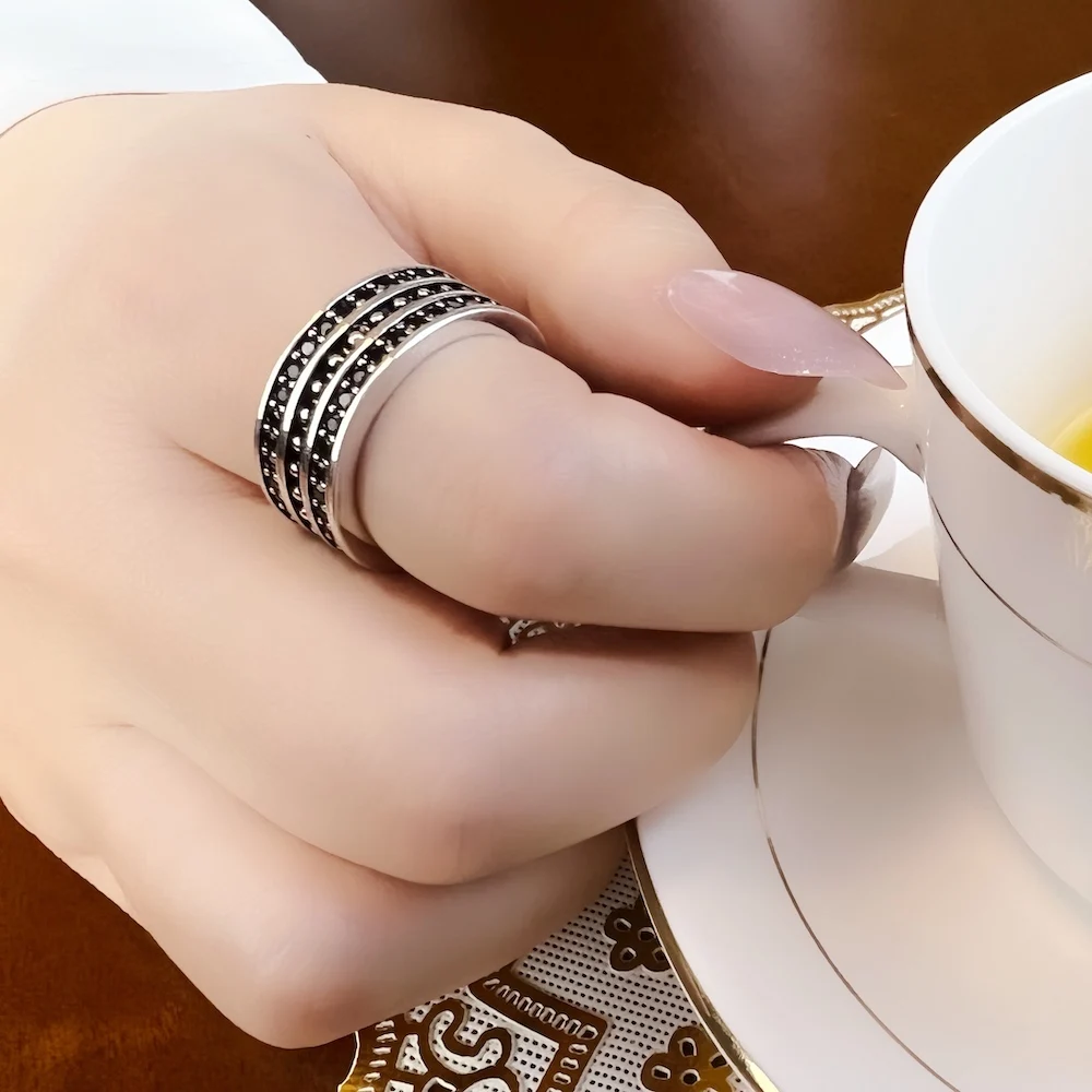 Band Ring Black CZ Pave Europe Style Vintage Jewelry Fine Jewerly For Women Men Gift In 925 Sterling Silver
