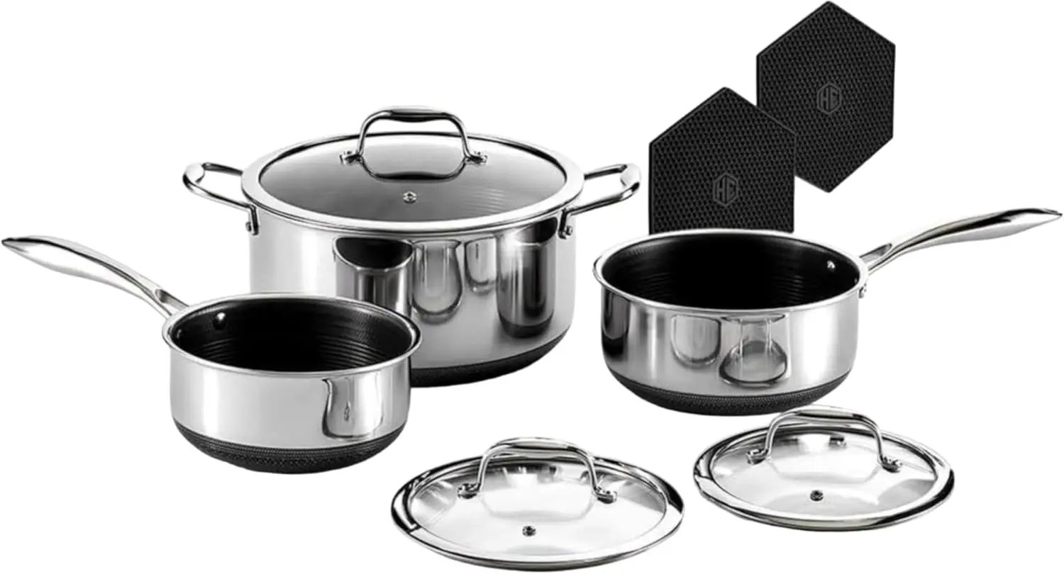 Hybrid Nonstick 6-Piece Pot Set with Trivets, 2, 3, and 8-Quart Pots with Tempered Glass Lids, 2 Silicone Trivets Included