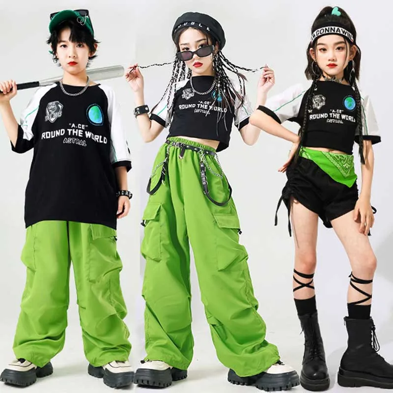 Traje de actuación de baile de Jazz para niñas, ropa de Hip-Hop Kpop, traje de baile callejero para niños, ropa deportiva, pantalones Cargo verdes AMY96