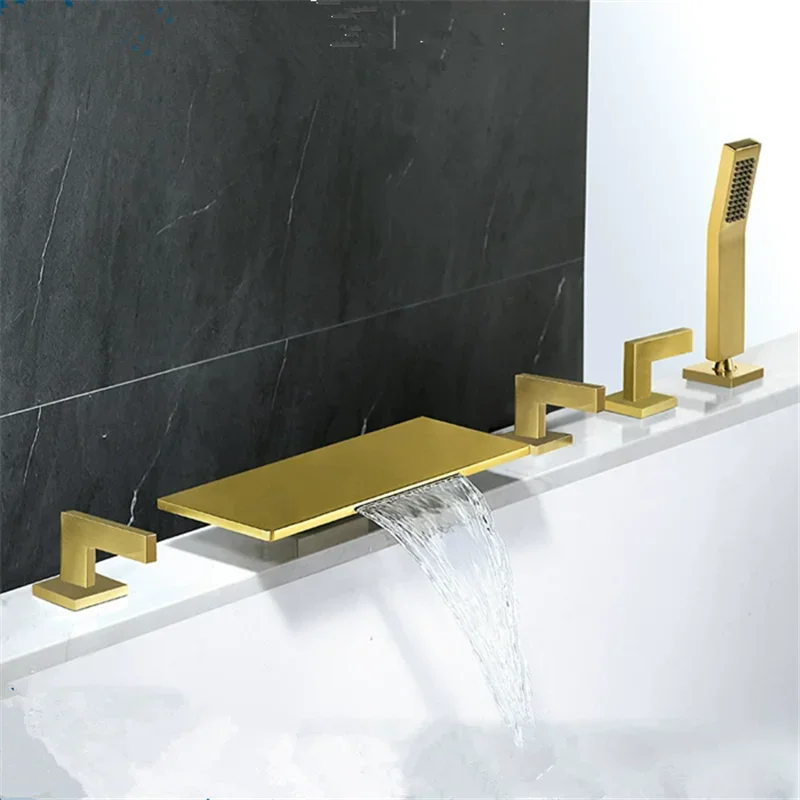 

Brushed Gold Bathtub Shower Faucet Set Brass Hot & Cold Black Bathtub Mixer Tap With Handheld In-Wall Waterfall Bathtub TapType