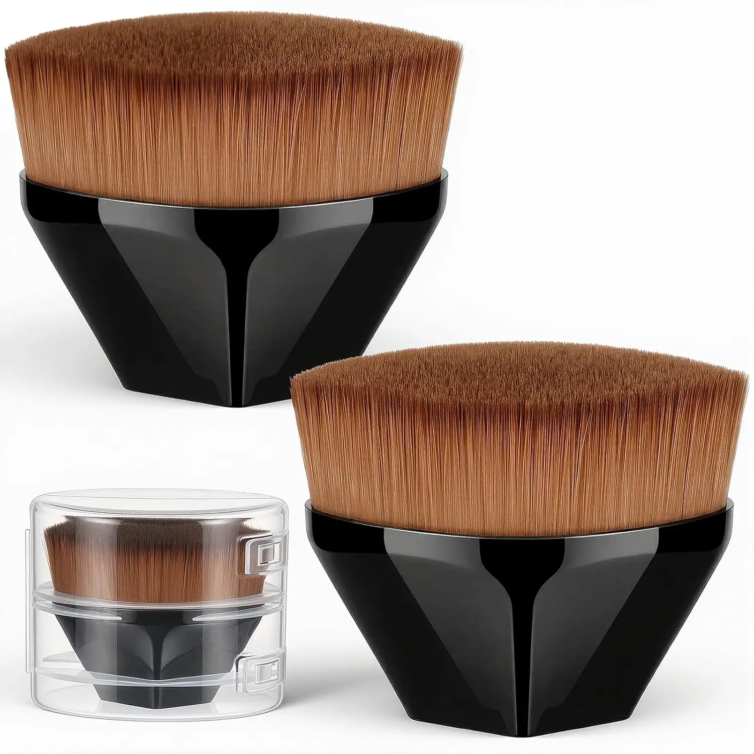 2 Stück Foundation-Pinsel mit flacher Oberseite – vegane Borsten für streifenfreies flüssiges Make-up, schwarzes Sechseck-Design mit Reiseetui