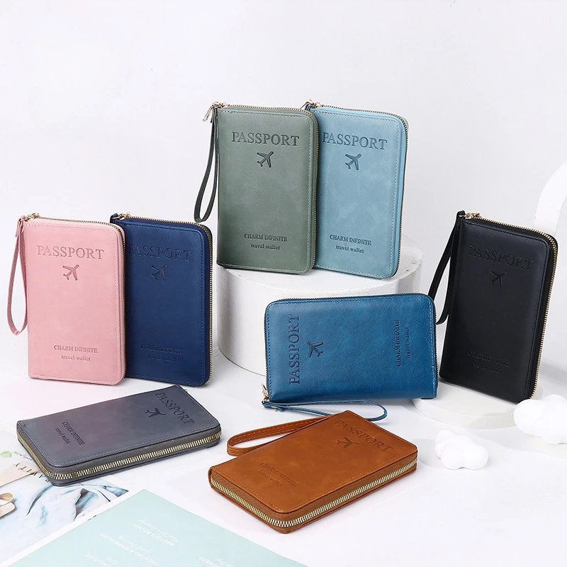 Unisex Men Women Zipper Travel Multi-Function Passport Holder Cover Case Wallet PU Leather Ticket Protective Travel Accessories