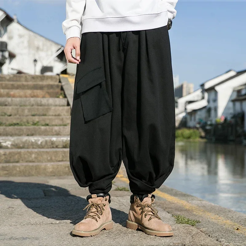 Japanese Streetwear Men\'s Solid Color Pocket Drawstring Jogger Pants Casual Hip Hop Straight Pants Retro Wide Leg Cargo Pants