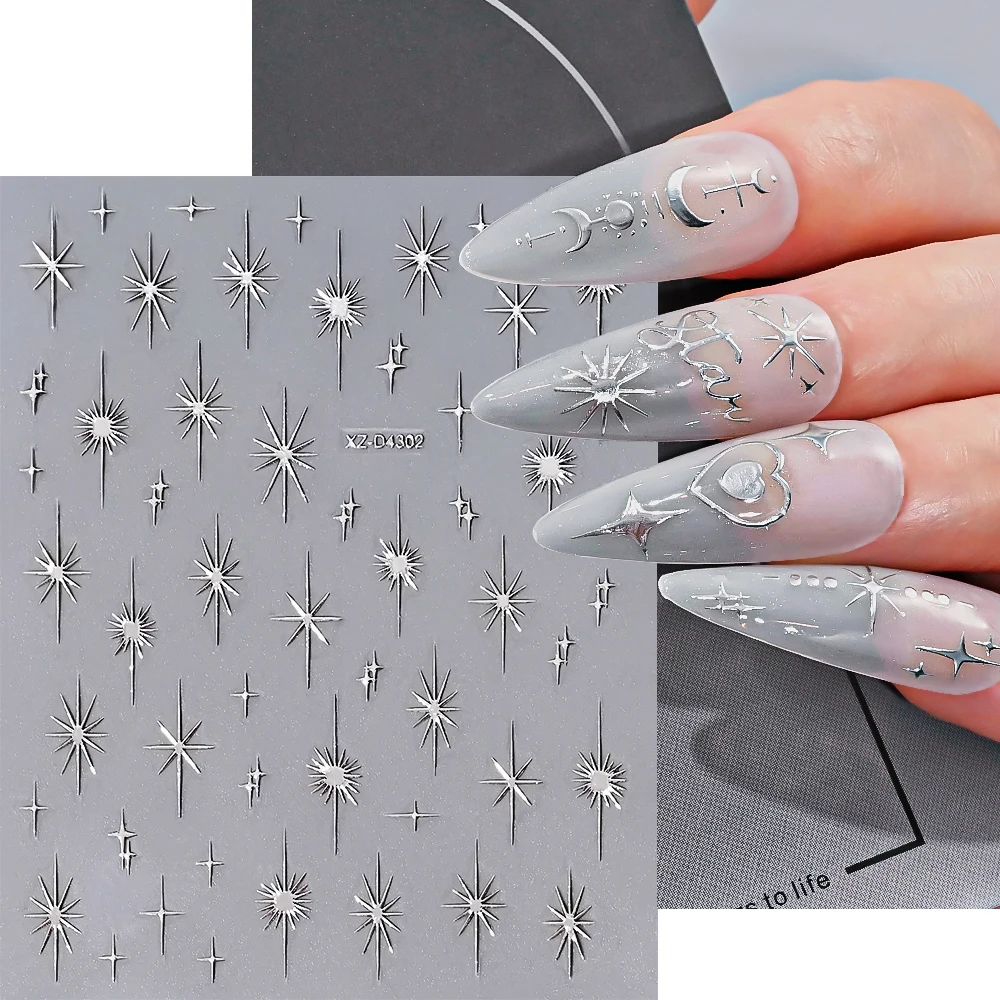1 Uds. 3D plata Y2K estrella Luna sol pegatina artística para uñas luz de estrellas brillante pegatinas autoadhesivas geométricas para uñas DIY suministro de uñas de lujo