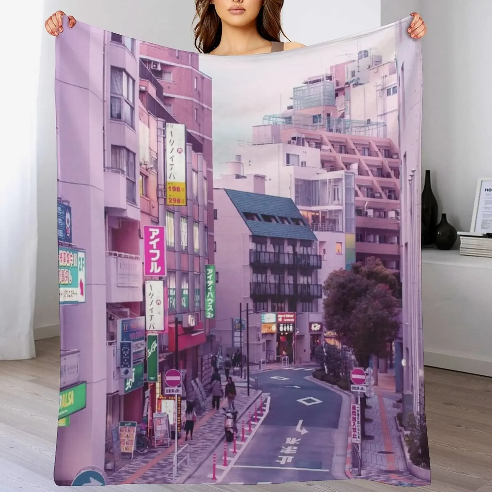 Pink City Pop Aesthetic Tokyo Japan Poster Vaporwave lofi moody vibe Throw Blanket Soft Plush Plaid Moving Plush Blankets