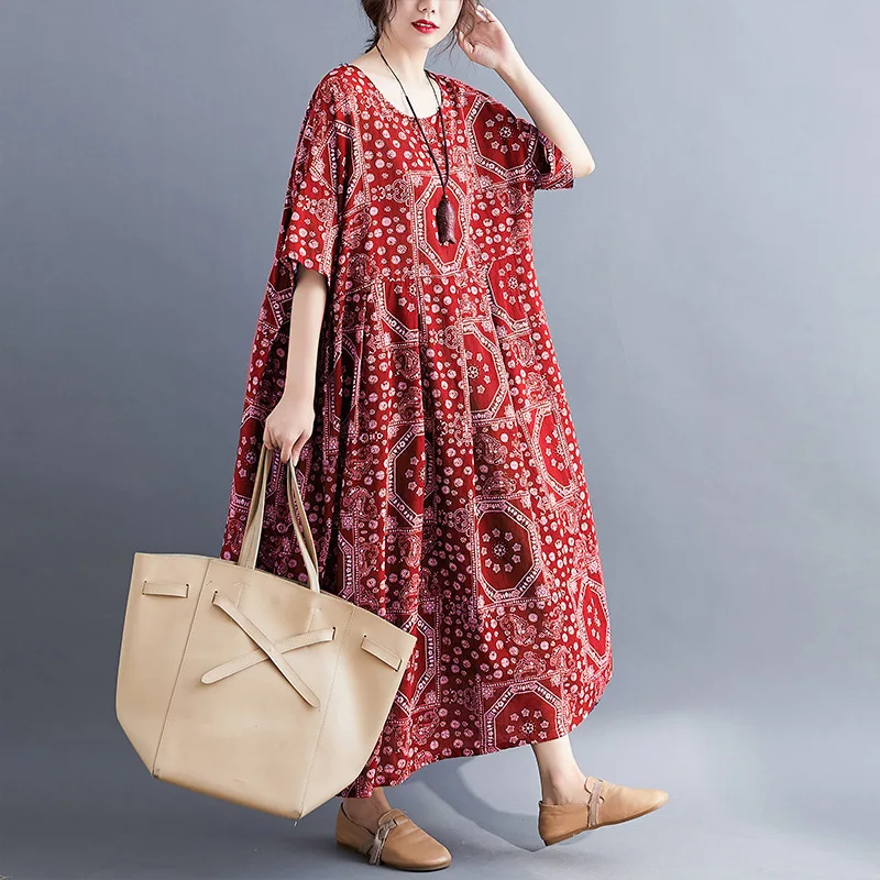 Summer New Arrivals Casual Printed Dress Plus Size Women‘s Short Sleeves Long Dress