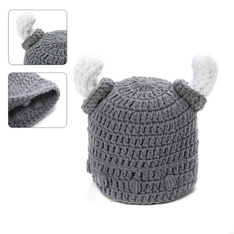 Winter Parent-Child Skullies Knitted Hat Warm Thick Halloween Cosplay Barbarian Viking Funny Ox Horn Skull Cap 6XDA