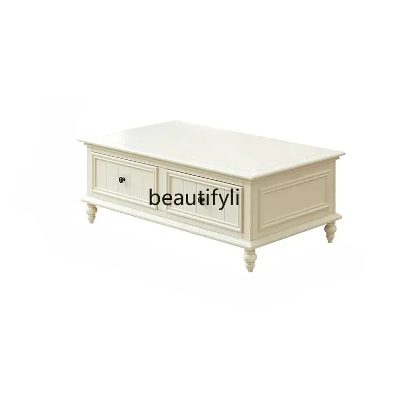 C85 American-Style Solid Wood Coffee Table TV Cabinet Combination White Modern Simple Small Apartment Living Room  Cream Style