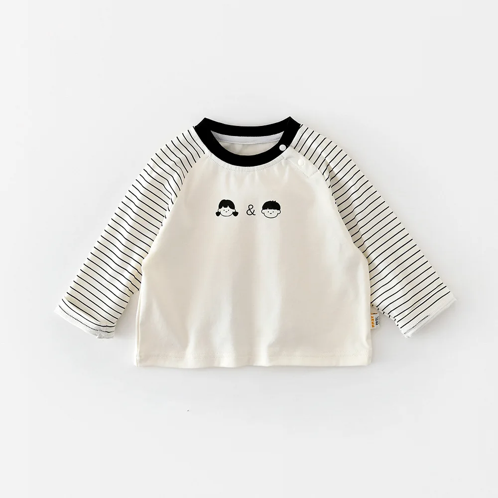 2026 ربيع جديد طفل طويل الأكمام تي شيرت القطن الرضع الفتيان عادية مخطط تي شيرت الفتيات طباعة قاع القمصان طفل الملابس