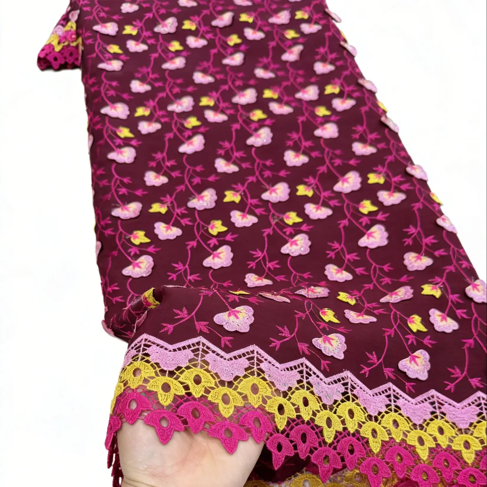 

Luxury African Lace Fabric African Lace Fabric 5 Yards 3D Floral Embroidery Cotton Lace For Aso Ebi Bridal Evening Gown